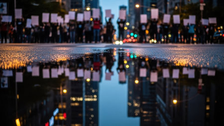 A crowd of people holding blank signs is reflected in a puddle on a wet city street at dusk, with blurred traffic lights and building lights in the backgroundの素材