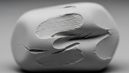 Detailed view of a gray rubber eraser showing the effects of use with peeling layers and fine lines, highlighting its texture and wearの素材