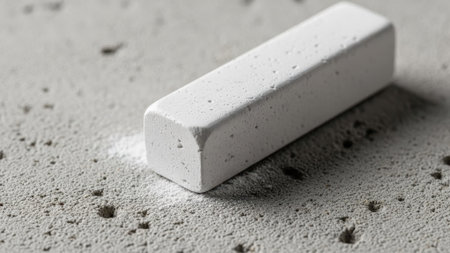 A single white chalk bar lies on a rough, concrete-like material, with fine powder visible around its edgesの素材