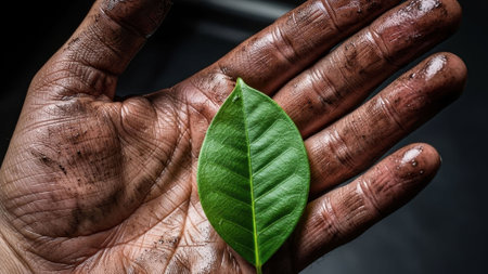 A close-up shot of a weathered, soil-covered hand cradling a fresh, bright green leaf, evoking themes of agriculture, sustainability, and new beginningsの素材