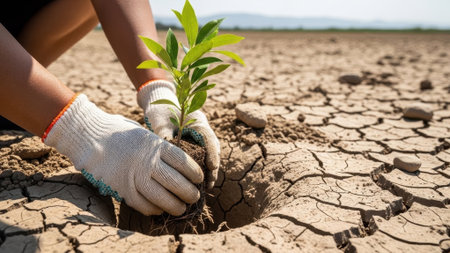 A person wearing gardening gloves carefully places a young plant into arid, parched soil, representing efforts towards environmental restoration and combating desertificationの素材