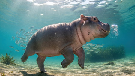 A young hippopotamus enjoys a swim in the ocean, surrounded by a shoal of small fish and sunlight filtering through the water's surfaceの素材