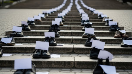 An extensive display of footwear arranged on outdoor steps, each pair accompanied by an empty placard, suggesting a collective statement or memorialの素材