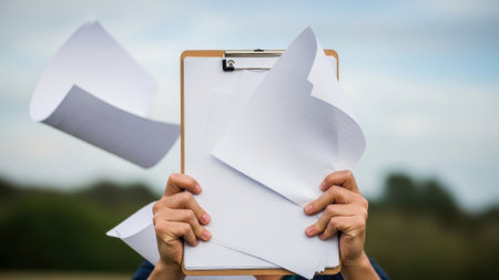 A person holds a clipboard with many papers, obscuring their face while loose sheets flutter in the breeze against a blurred natural backgroundの素材