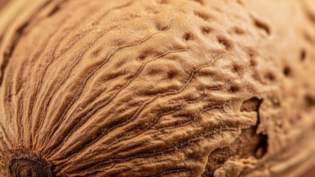 The detailed texture of a single walnut shell is captured in this extreme close-up, revealing its natural, intricate surface patterns and ridgesの素材