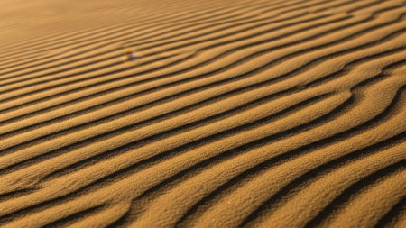 Close-up view of undulating sand dunes creating abstract wavy lines and textures under warm golden hour lightの素材