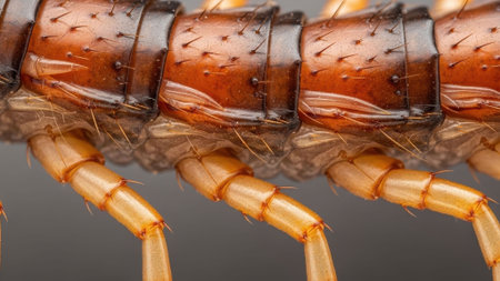 Detailed view of a centipede's exoskeleton segments and jointed legs, showcasing intricate textures and fine hairsの素材