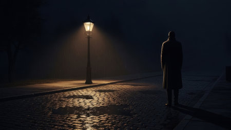 A solitary figure in a long coat stands on a wet, illuminated cobblestone path beneath a gas lamp on a dark, foggy eveningの素材