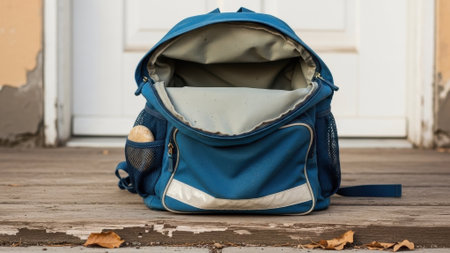 An empty blue backpack sits open on a weathered wooden porch, hinting at journeys and discoveries waiting to happenの素材