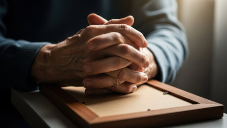 Close-up of wrinkled hands resting on an empty wooden picture frame, evoking feelings of nostalgia and griefの素材