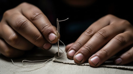 A person's hands are shown in detail, meticulously guiding a needle through textured cloth, highlighting the craft of sewingの素材