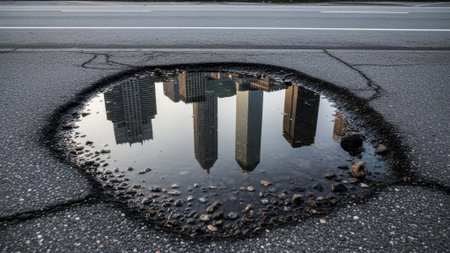 A striking juxtaposition of urban architecture and road damage, with skyscrapers mirrored in a water-filled potholeの素材