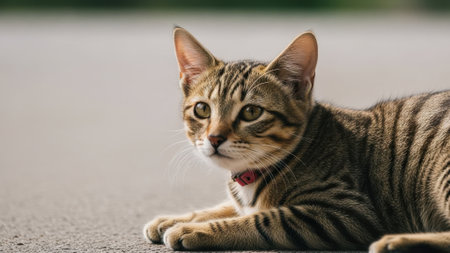 A young tabby cat with striking green eyes and distinct stripes rests on a paved surface, looking attentively to the sideの素材