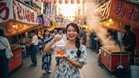 A smiling woman in a floral dress participates in a traditional Japanese goldfish scooping game at a vibrant street festival with food stalls and lanternsの素材