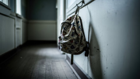 A patterned backpack is suspended from a hook on a wall in a long, empty corridor with wooden floors, evoking a sense of abandonment or waitingの素材