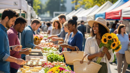 People of various ethnicities browse stalls filled with colorful fruits, vegetables, cheeses, and sunflowers at a bustling open-air market on a bright dayの素材