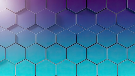 A seamless pattern of interconnected hexagonal shapes transitions from deep purple to bright cyan, creating a modern and futuristic backdropの素材