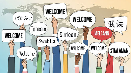 A global representation of inclusivity and communication, showing people from different backgrounds extending a welcoming message in multiple tonguesの素材