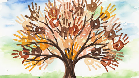 A vibrant watercolor painting depicts a tree with branches adorned by numerous handprints in various earthy tones, representing diversity and togethernessの素材