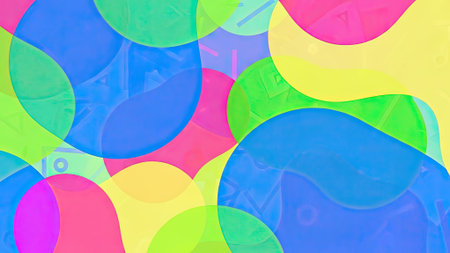 A dynamic composition featuring translucent circles in bright shades of blue, green, yellow, and pink, overlaid with subtle geometric texturesの素材