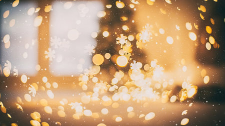 Abstract background with blurred golden circles and snowflake shapes, evoking a sense of warmth and celebration during the holiday seasonの素材