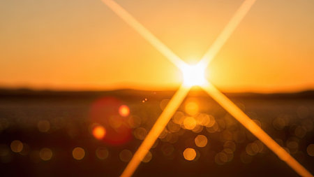 A vibrant sunset paints the sky with warm orange hues, featuring a prominent sunburst and soft bokeh circles in the foregroundの素材