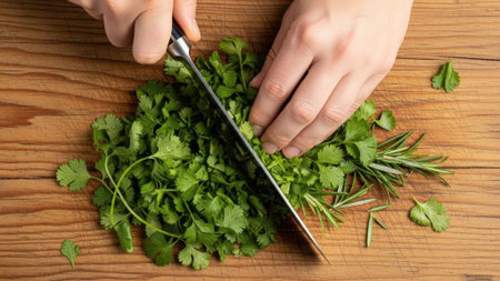 A close-up overhead view shows hands finely dicing aromatic herbs for culinary preparation on a rustic wooden surfaceの素材