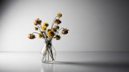 A bouquet of wilting yellow daisies in a transparent vase sits on a reflective surface, casting a subtle shadow against a gradient gray wallの素材