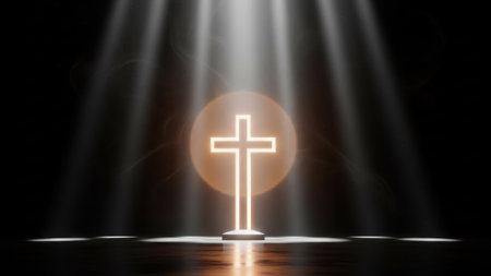 A neon cross stands prominently in the center, bathed in ethereal light beams against a black background with subtle smoke effectsの素材