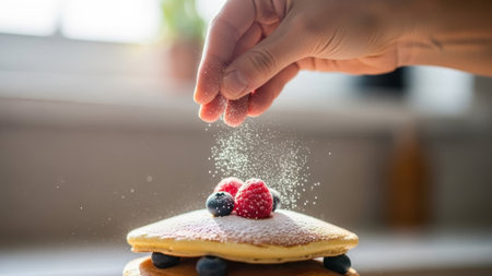 A close-up shot captures a hand dusting powdered sugar onto a fluffy pancake stack adorned with raspberries and blueberries, creating a delightful breakfast sceneの素材