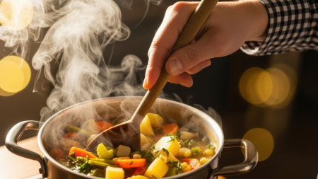 A person's hand stirs a hearty vegetable stew simmering in a pot, with steam rising and soft bokeh lights in the backgroundの素材