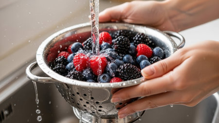 A close-up shot shows hands holding a metal colander filled with blueberries, raspberries, and blackberries being washed under a stream of waterの素材
