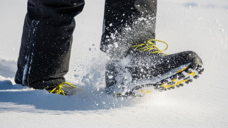 A person's black winter boots with yellow laces are shown in motion, kicking up a spray of fresh snow during a winter walkの素材