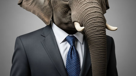 A surreal and conceptual image featuring an elephant head seamlessly merged with a human torso dressed in a formal business suit and tieの素材
