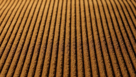 Detailed view of the ribbed texture of a brown textile, highlighting the plush fibers and parallel lines for a tactile backgroundの素材