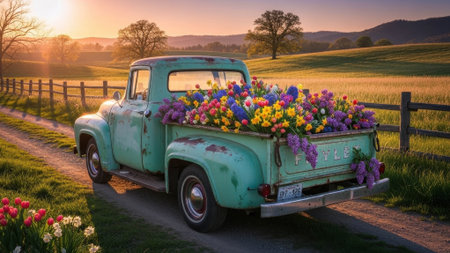 A rustic, light blue pickup truck is filled with a vibrant assortment of blooming flowers, parked on a dirt road with a golden sunset illuminating the rolling hills and fieldsの素材