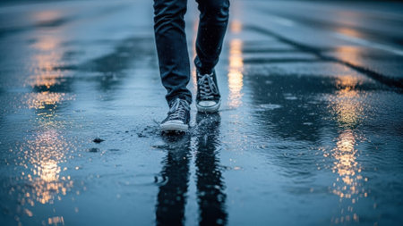A person wearing dark jeans and sneakers walks through puddles on a wet street at night, creating splashes and reflecting streetlightsの素材