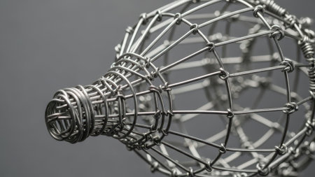 Detailed view of a handcrafted wire mesh object, showcasing its intricate construction and geometric patterns against a neutral backdropの素材