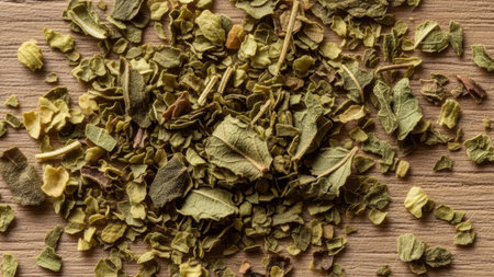 A detailed overhead view of dried oregano leaves and stems spread across a textured wooden background, showcasing its natural texture and colorの素材