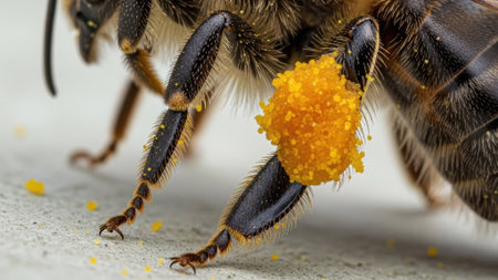 Macro view of a bee's hind leg carrying a large ball of pollen, showcasing intricate details of its fuzzy exoskeleton and the vibrant dust collected for its hiveの素材