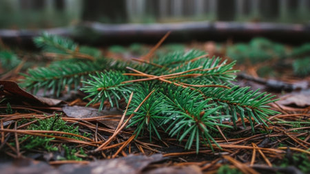 A detailed view of evergreen pine branches resting on the damp forest floor, surrounded by fallen needles and mossの素材