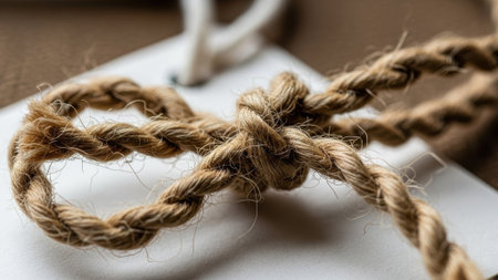 Detailed view of a rough, fibrous jute twine knotted securely, suggesting a connection or fastening mechanismの素材