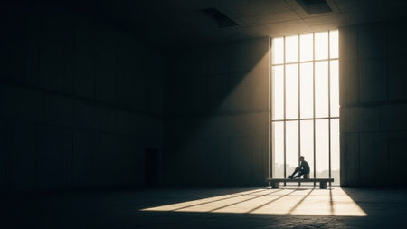 A solitary person contemplates in a minimalist concrete space, bathed in dramatic light from a tall window overlooking a cityscapeの素材