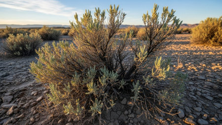 A close-up view of a sagebrush bush with its delicate leaves catching the warm sunlight in a dry, rocky terrainの素材