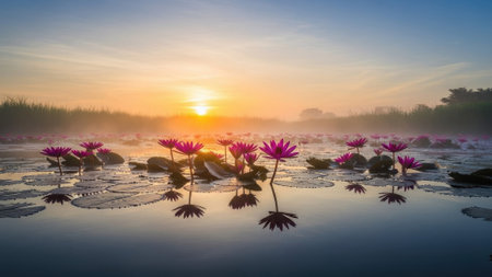 The golden sun rises through a gentle morning mist, illuminating a tranquil lake adorned with blooming pink water lilies and their perfect reflections on the calm water surfaceの素材