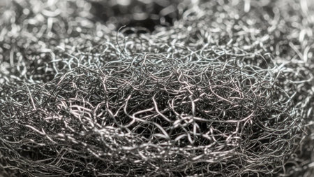 Abstract texture of interwoven metallic threads creating a complex pattern, perfect for backgrounds or conceptual designsの素材