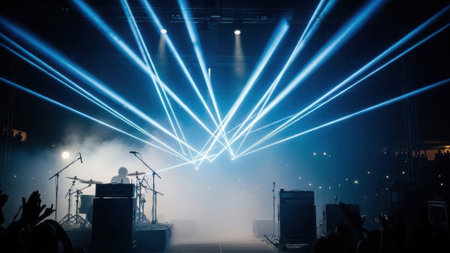 A drummer is silhouetted on a smoky stage, bathed in the dramatic beams of a blue laser light show, with an audience visible in the backgroundの素材
