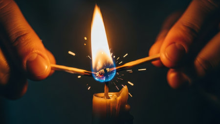 A dramatic macro shot captures the intense moment two wooden matches are used to light a candle, creating a bright blue flame and a shower of sparks against a dark backgroundの素材