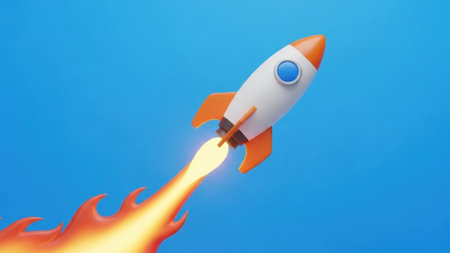 A stylized 3D render of a white and orange rocket soaring upwards, leaving a trail of fire and smoke, symbolizing progress and explorationの素材
