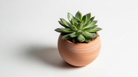 This close-up shot features a vibrant green succulent with thick leaves arranged in a rosette pattern, potted in a simple, round terracotta planter with a subtle striped texture, set against a clean white backdrop with a soft shadowの素材
